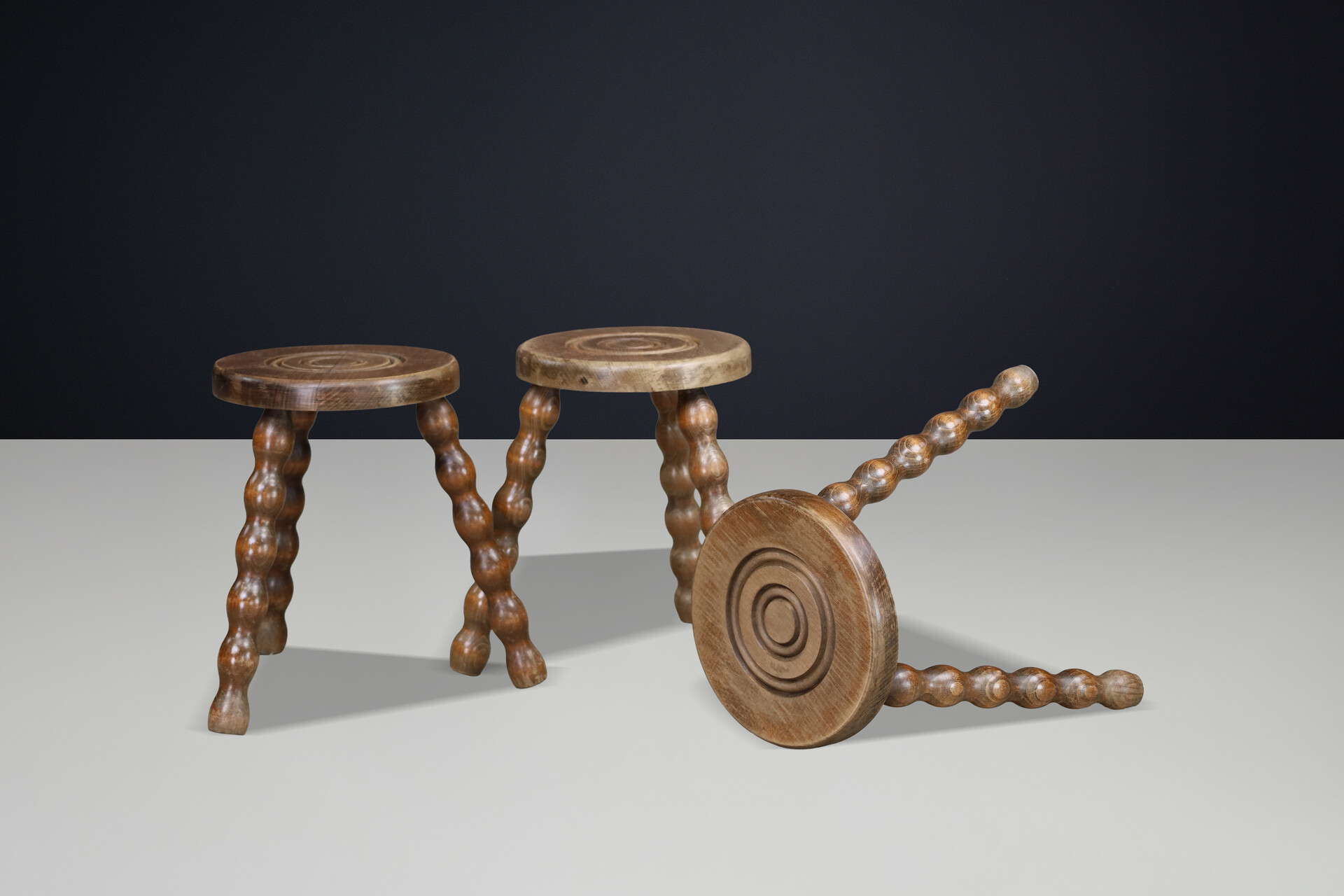 Set of Three French Turned Oak Primitive Stools, France, 1950s Mid-20th century