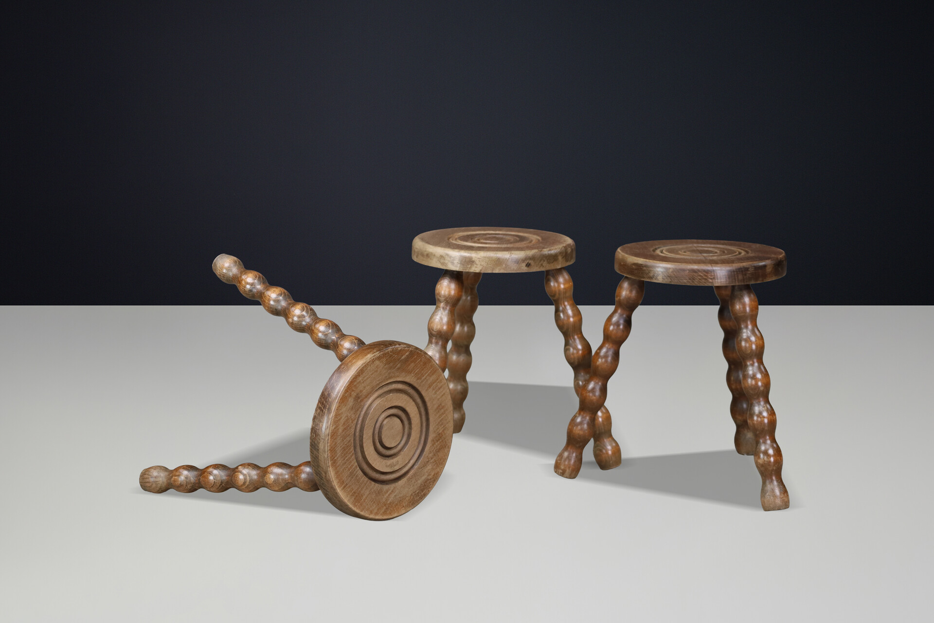 Set of Three French Turned Oak Primitive Stools, France, 1950s Mid-20th century