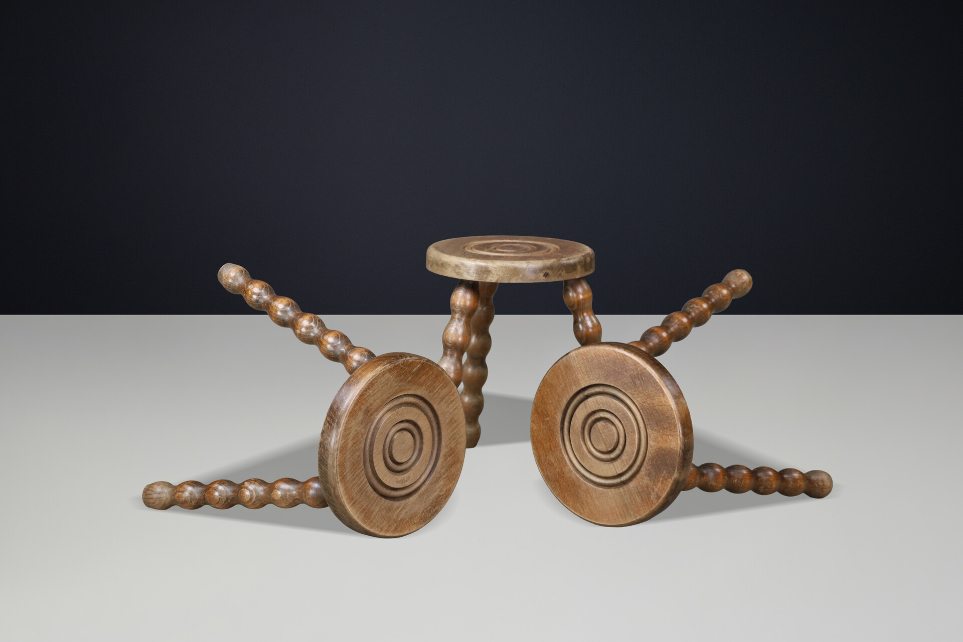 Set of Three French Turned Oak Primitive Stools, France, 1950s Mid-20th century