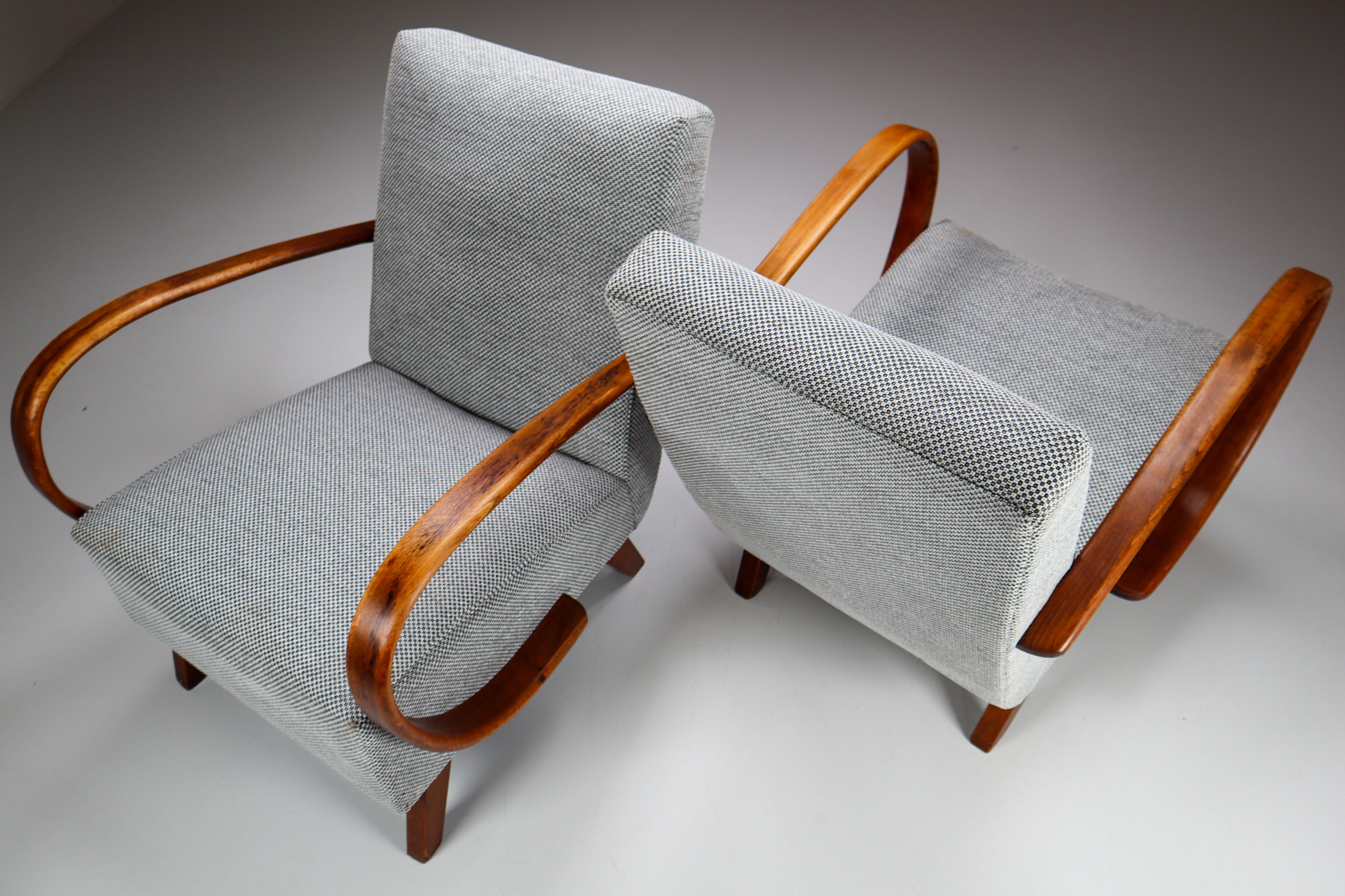 Set of Two Armchairs by Jindrich Halabala with new upholstered fabric, 1940s Mid-20th century