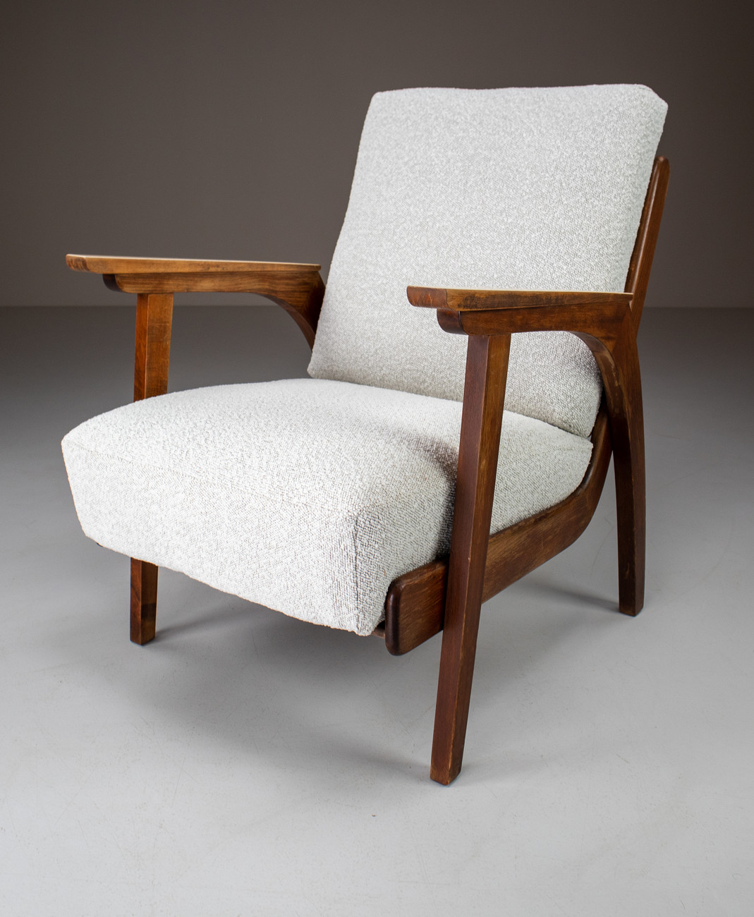 Set/2 Oak lounge / armchairs with Re-Upholsterd Bouclé Fabric France 1960s Mid-20th century