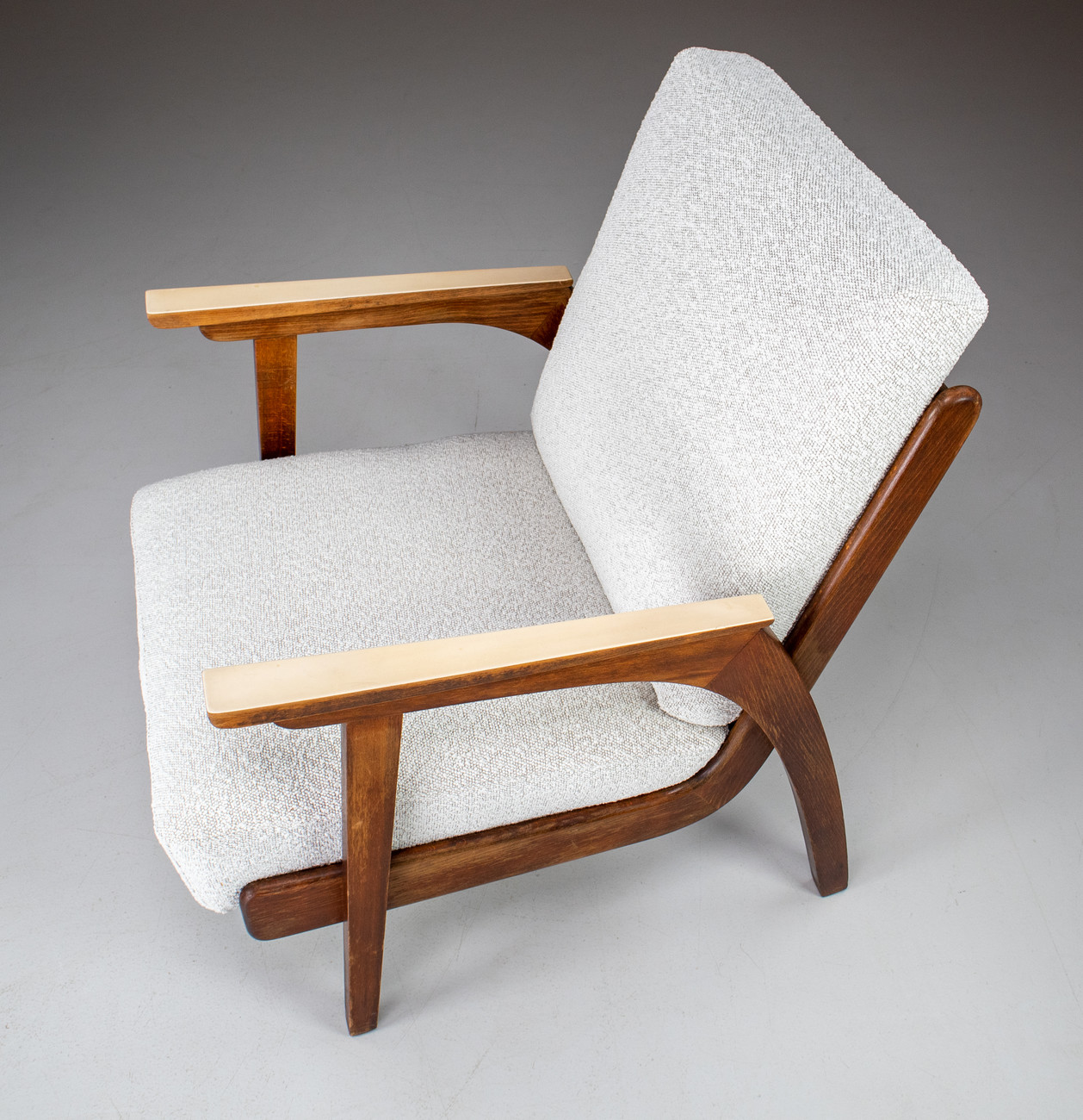 Set/2 Oak lounge / armchairs with Re-Upholsterd Bouclé Fabric France 1960s Mid-20th century