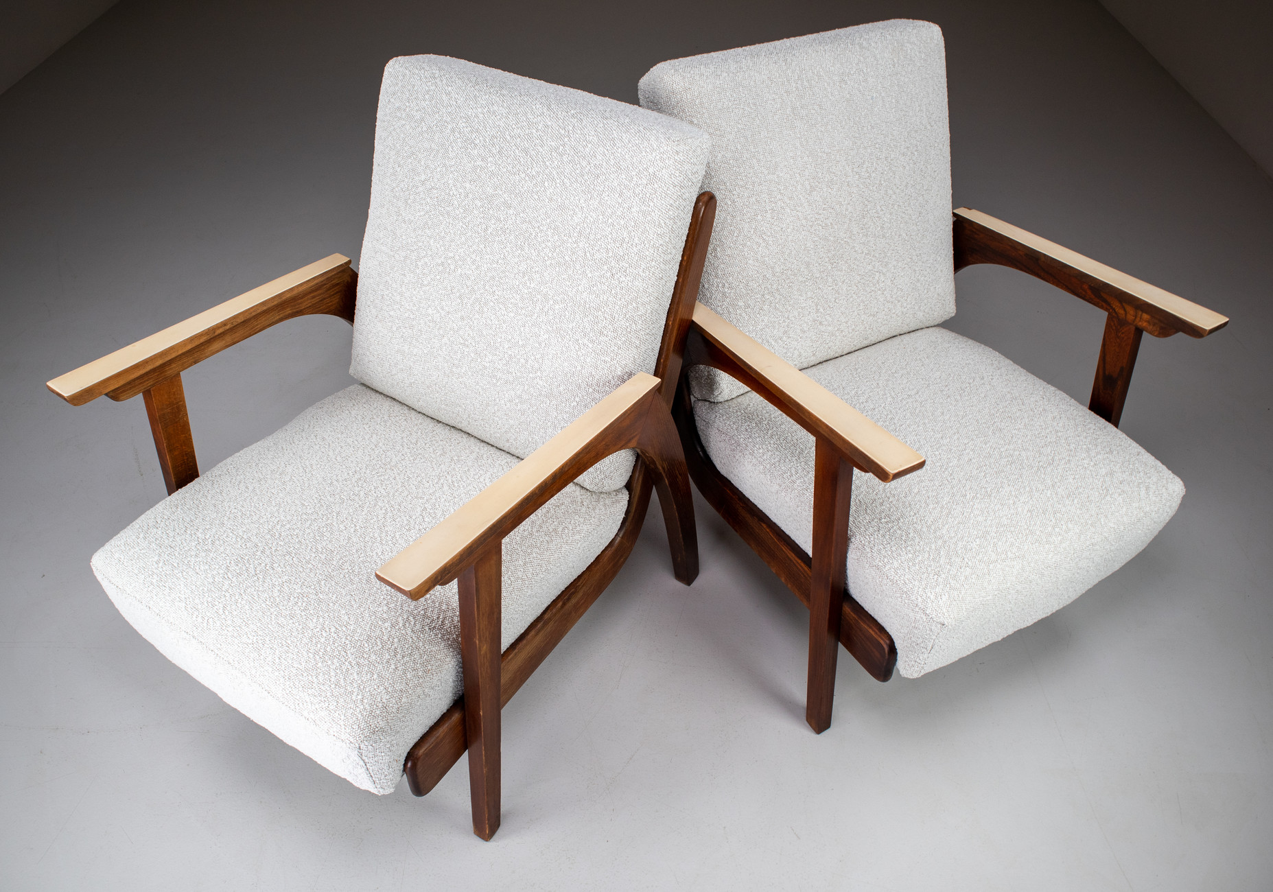 Set/2 Oak lounge / armchairs with Re-Upholsterd Bouclé Fabric France 1960s Mid-20th century