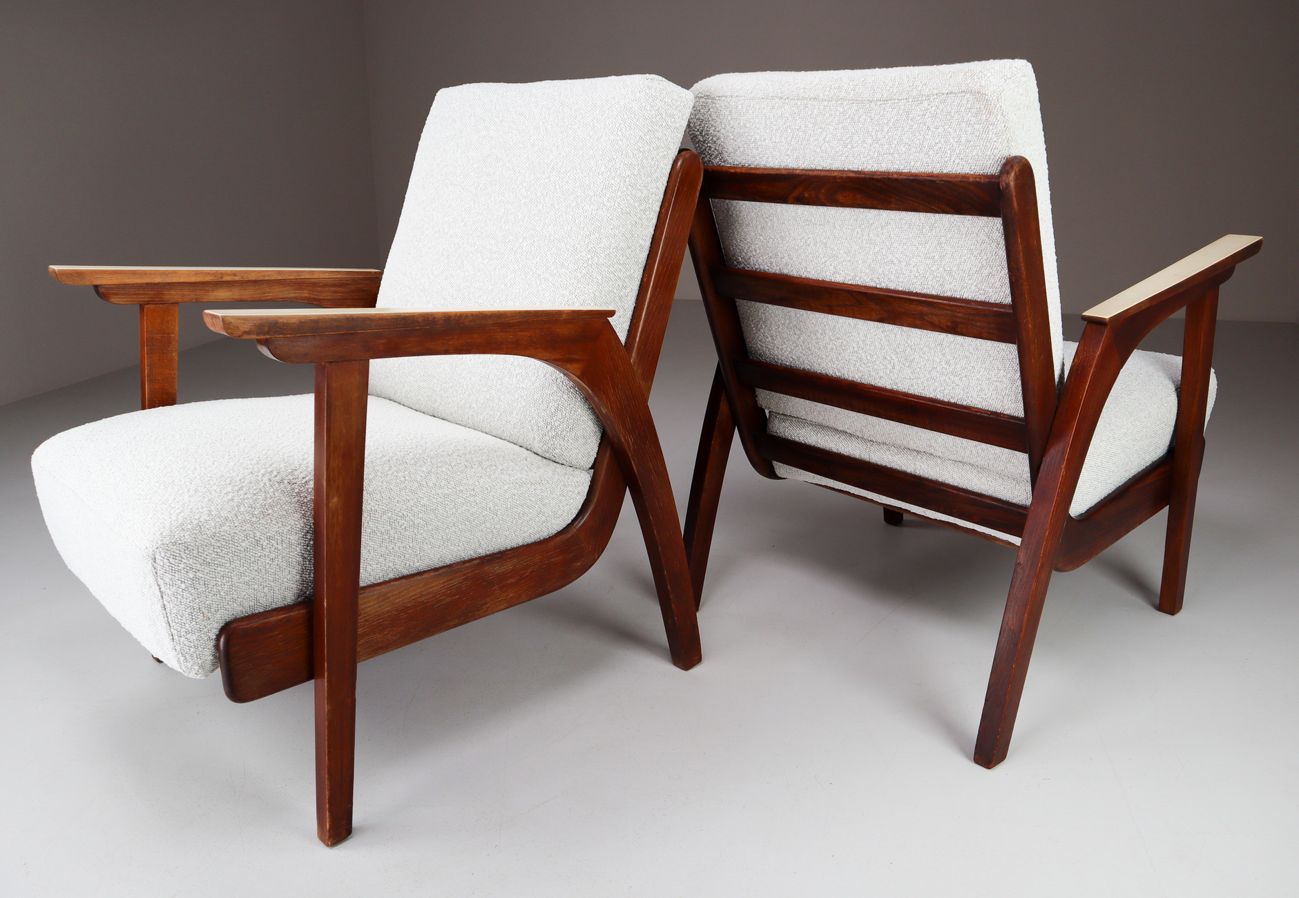Set/2 Oak lounge / armchairs with Re-Upholsterd Bouclé Fabric France 1960s Mid-20th century