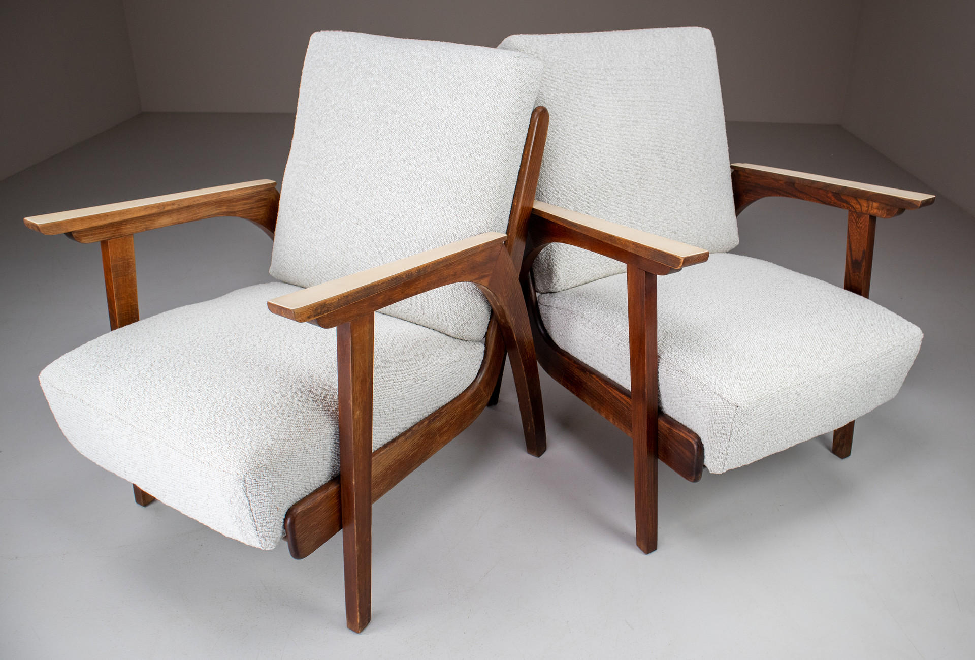 Set/2 Oak lounge / armchairs with Re-Upholsterd Bouclé Fabric France 1960s Mid-20th century