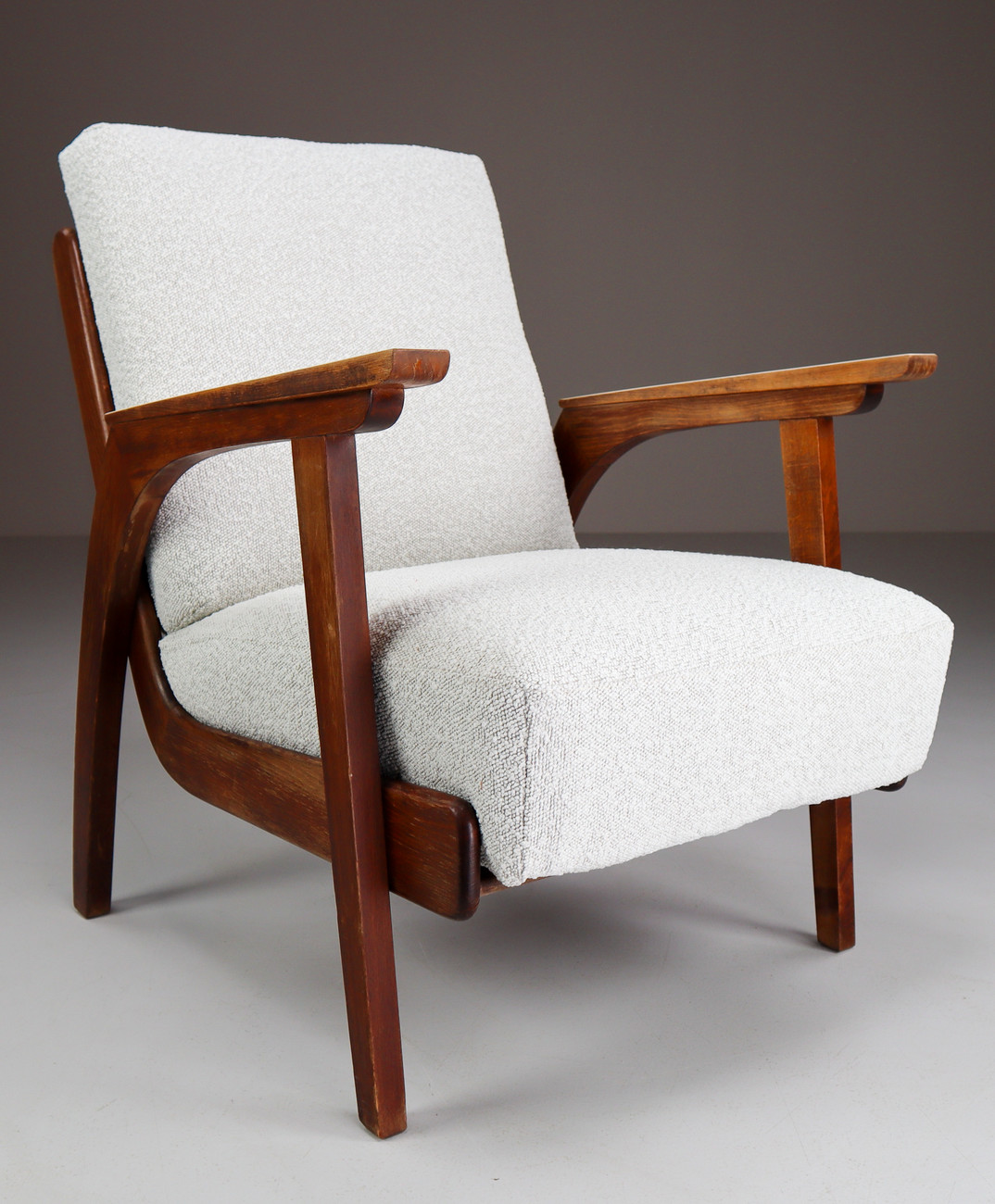 Set/2 Oak lounge / armchairs with Re-Upholsterd Bouclé Fabric France 1960s Mid-20th century