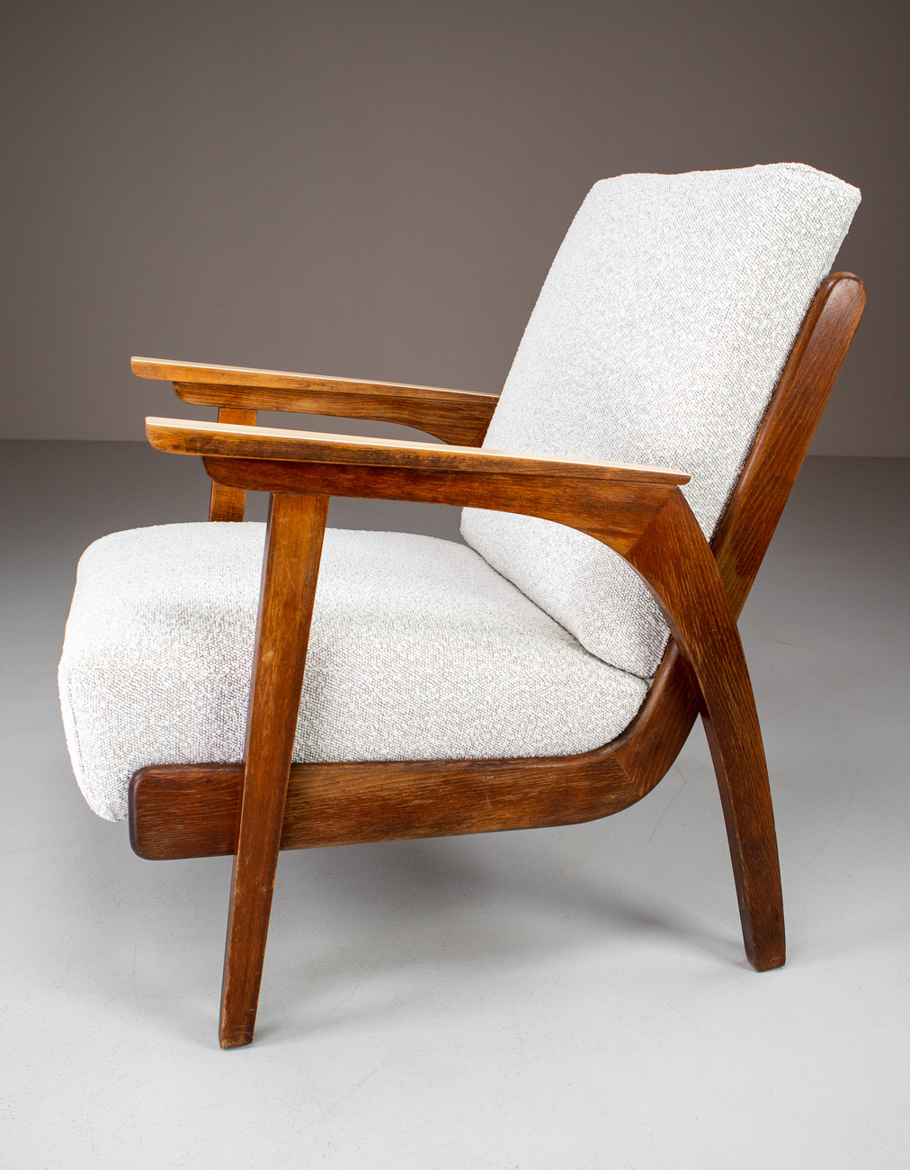 Set/2 Oak lounge / armchairs with Re-Upholsterd Bouclé Fabric France 1960s Mid-20th century