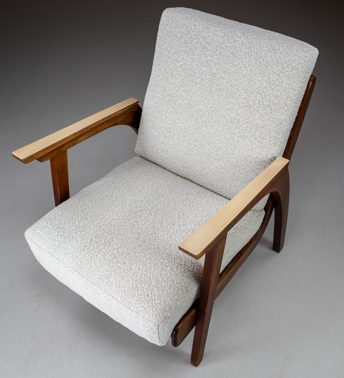 Set/2 Oak lounge / armchairs with Re-Upholsterd Bouclé Fabric France 1960s Mid-20th century