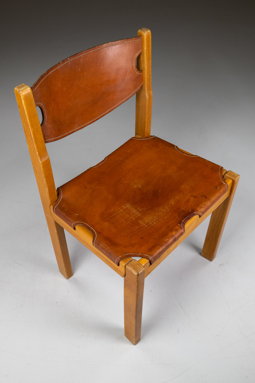 Set/4 Chairs in the Style of Pierre Chapo in Patinated leather, France  1970s Mid-20th century