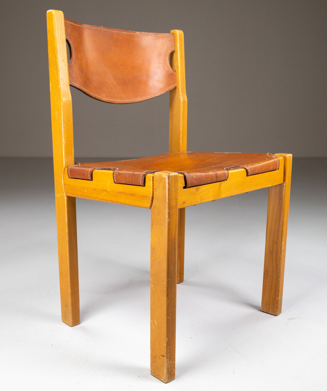 Set/4 Chairs in the Style of Pierre Chapo in Patinated leather, France  1970s Mid-20th century
