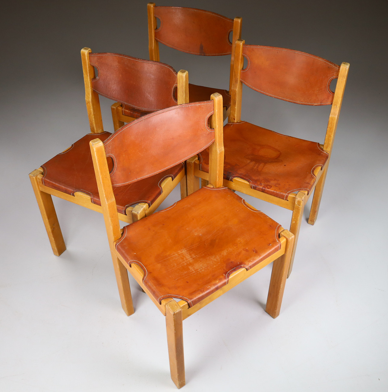 Set/4 Chairs in the Style of Pierre Chapo in Patinated leather, France  1970s Mid-20th century
