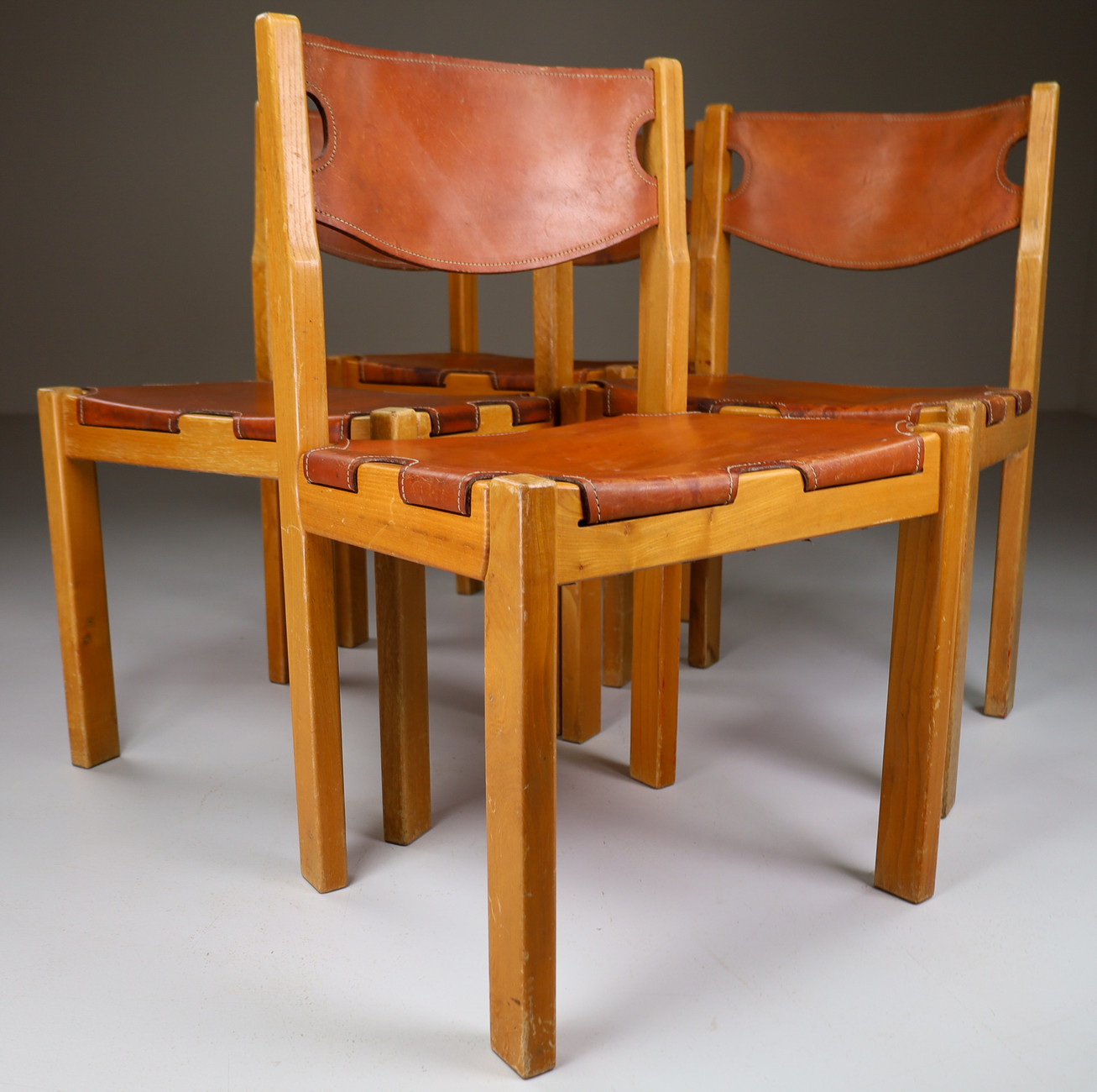 Set/4 Chairs in the Style of Pierre Chapo in Patinated leather, France  1970s Mid-20th century
