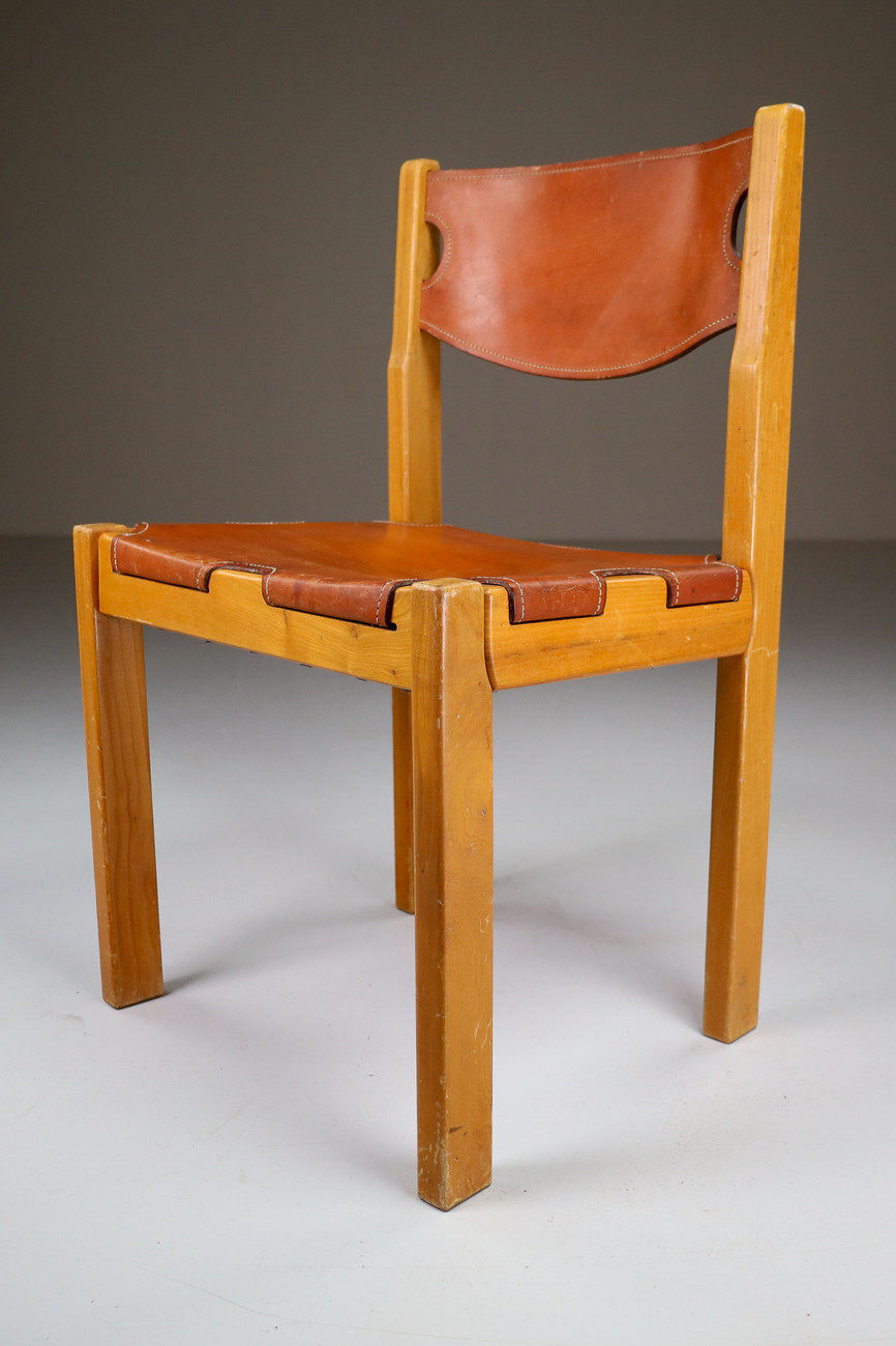 Set/4 Chairs in the Style of Pierre Chapo in Patinated leather, France  1970s Mid-20th century
