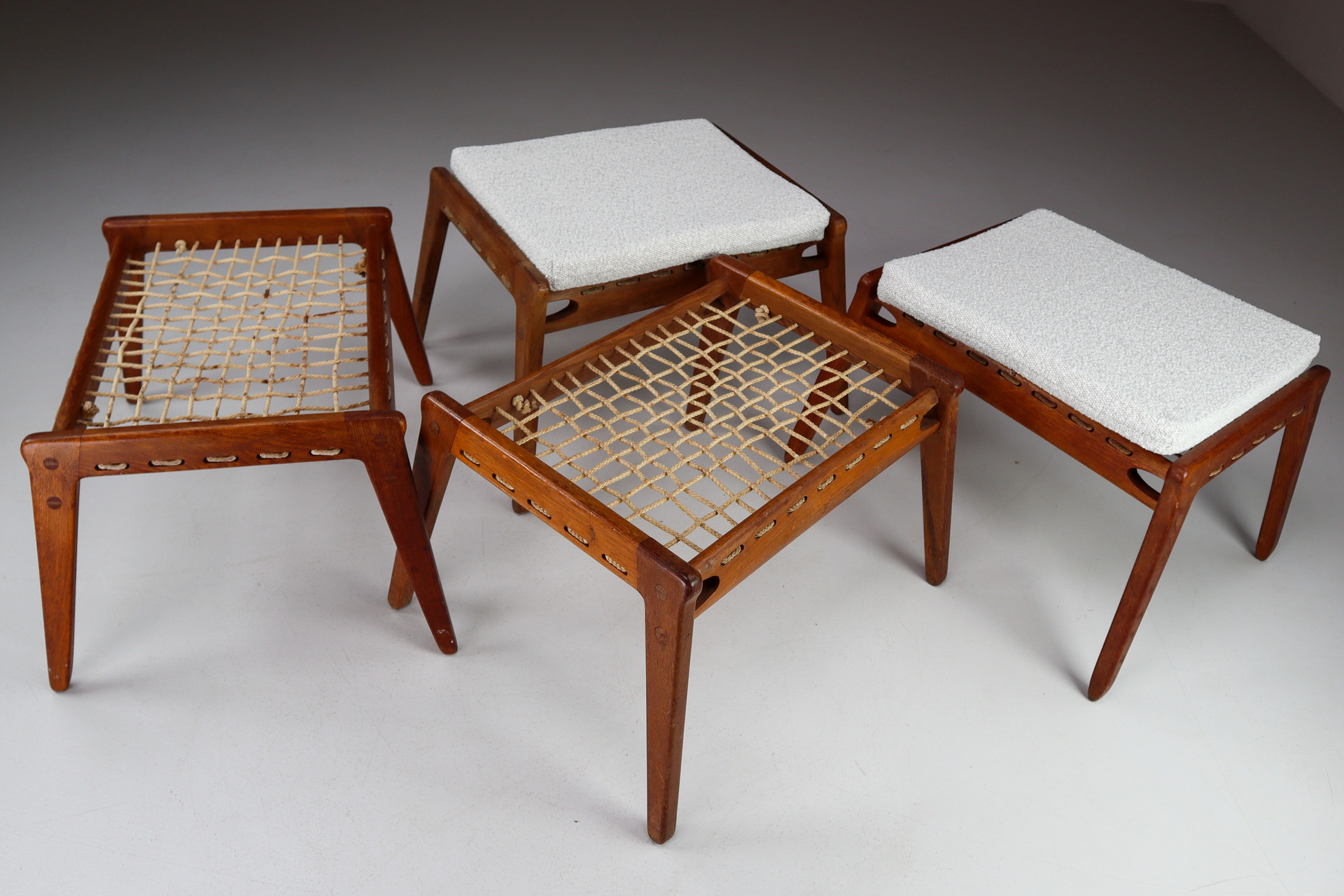 Set/4 Oak Ottomans Or Stools With Re-Upholsterd Bouclé Fabric From Germany , 1950s Mid-20th century
