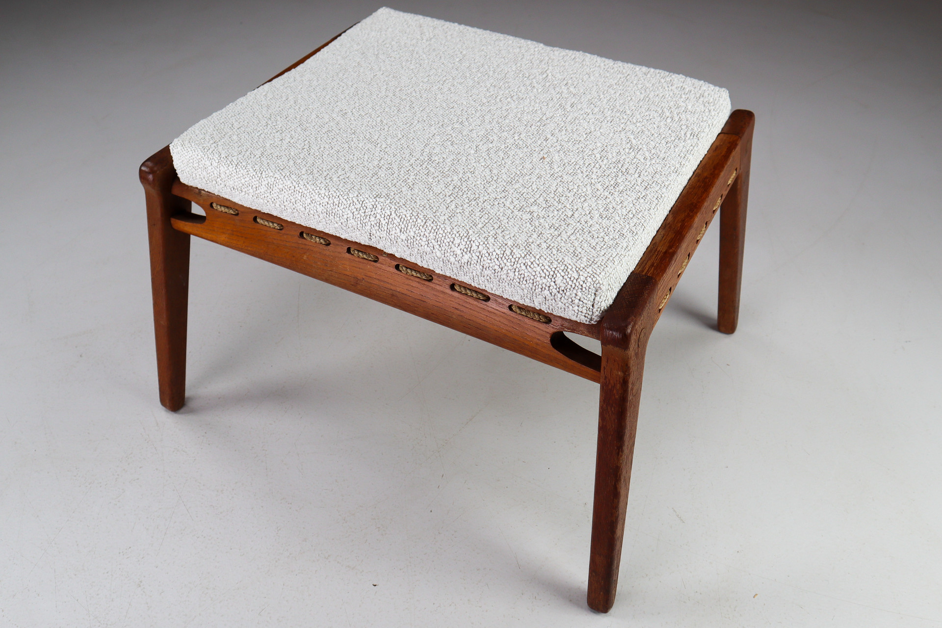 Set/4 Oak Ottomans Or Stools With Re-Upholsterd Bouclé Fabric From Germany , 1950s Mid-20th century
