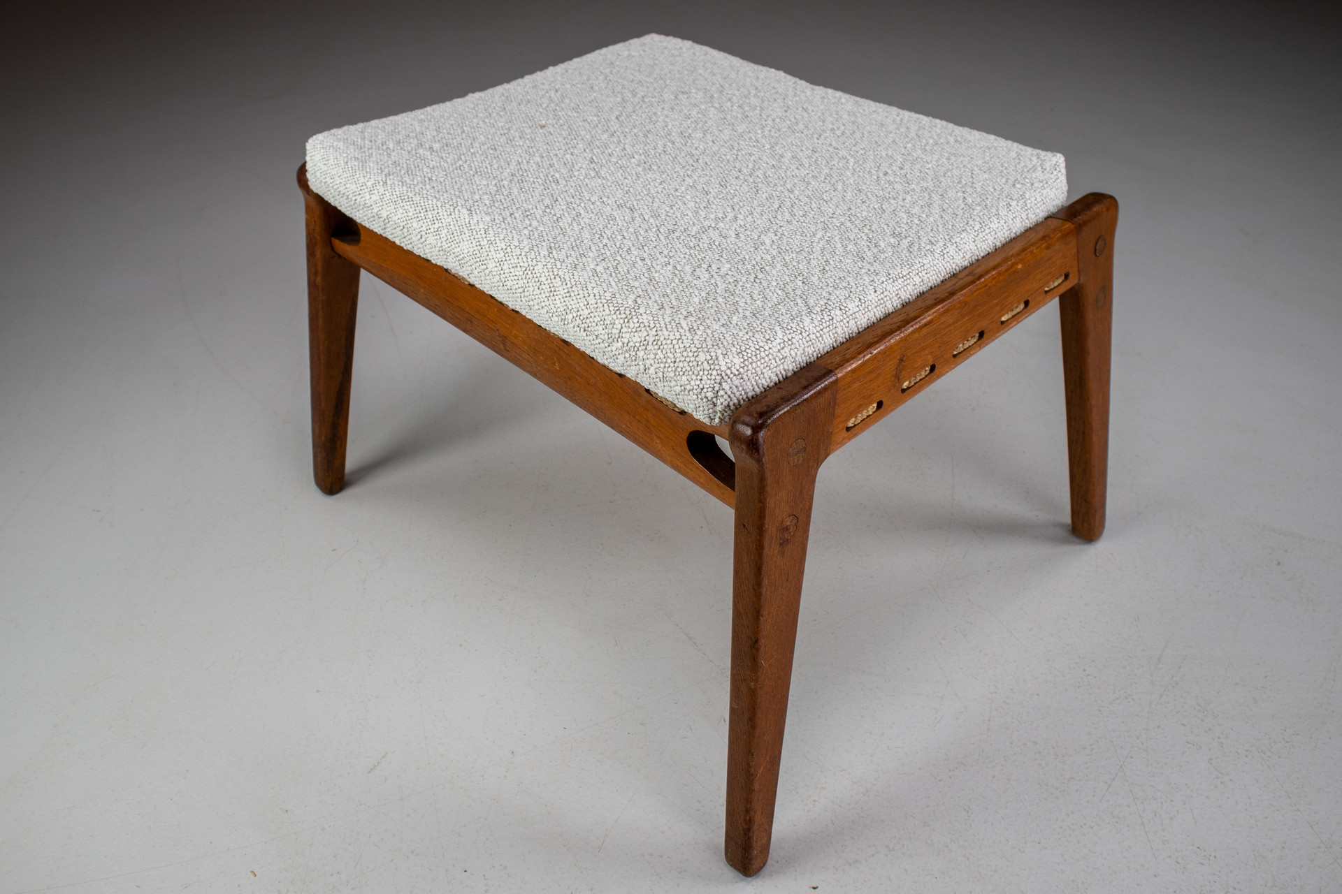 Set/4 Oak Ottomans Or Stools With Re-Upholsterd Bouclé Fabric From Germany , 1950s Mid-20th century