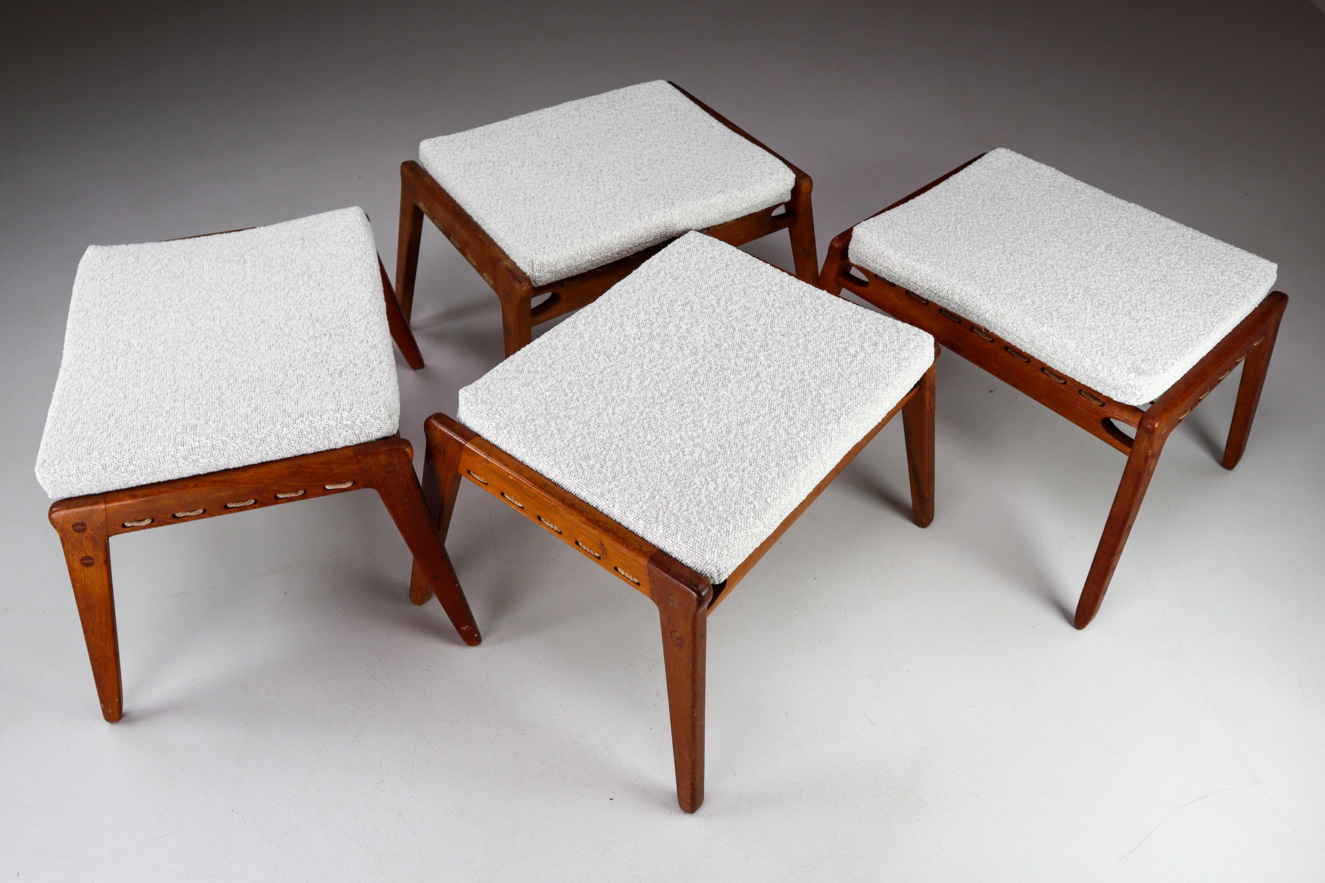 Set/4 Oak Ottomans Or Stools With Re-Upholsterd Bouclé Fabric From Germany , 1950s Mid-20th century