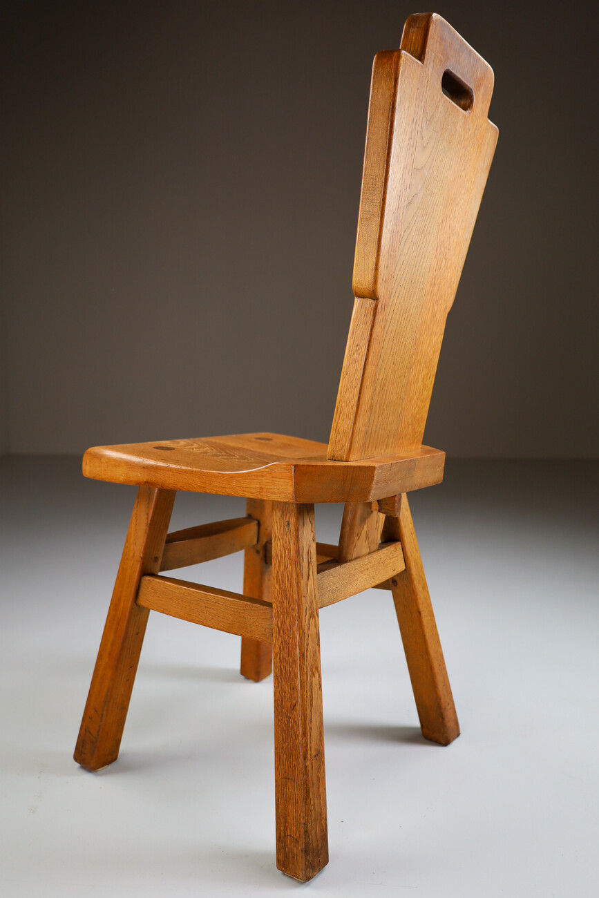 Set/6 primitive / brutalist oak chairs Belgium 1950s Mid-20th century