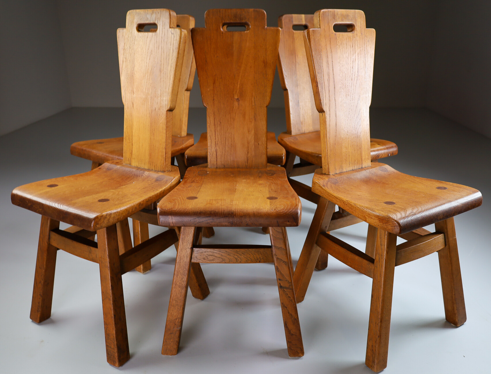 Set/6 primitive / brutalist oak chairs Belgium 1950s Mid-20th century