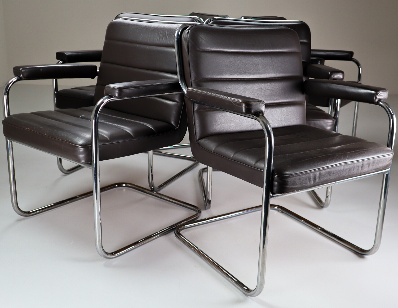 Six Leather and Chrome Thonet Dining Chairs Germany 1970s Late-20th century