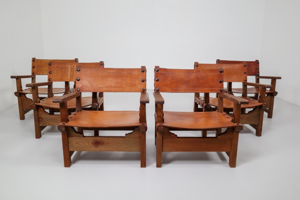 Six Midcentury French Lounge Chairs in Patinated Cognac Saddle Leather, 1950s