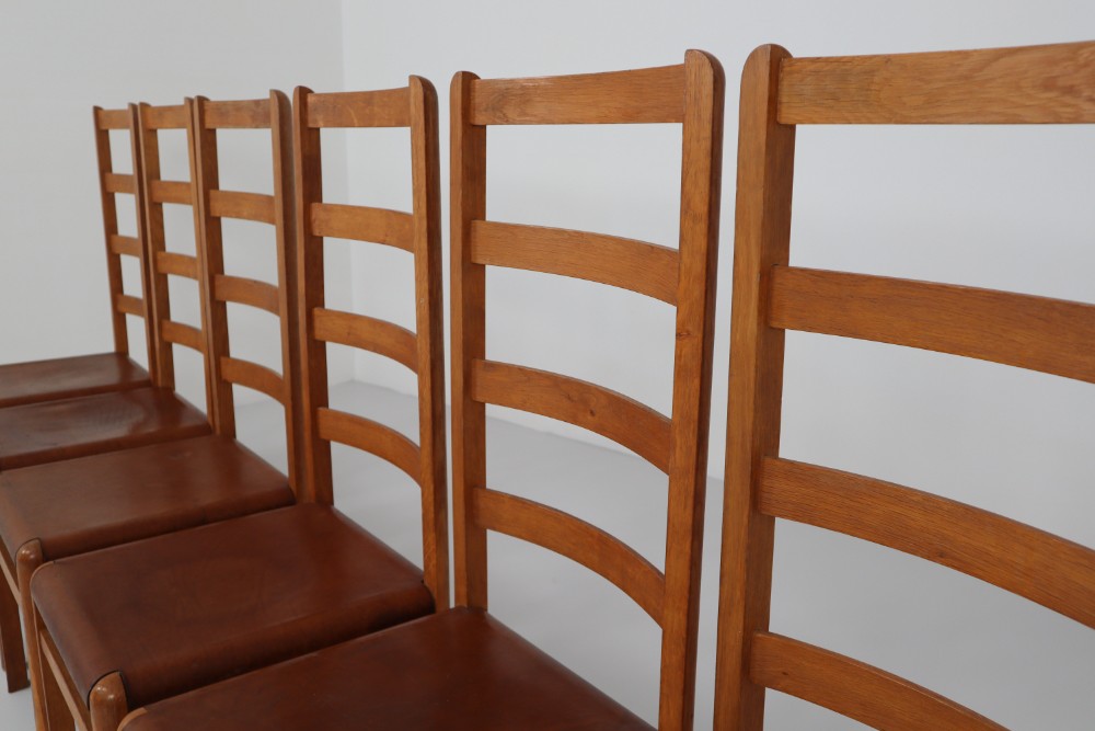 Six Oak High Back Chairs with and Brown Cognac Leather, France, 1930