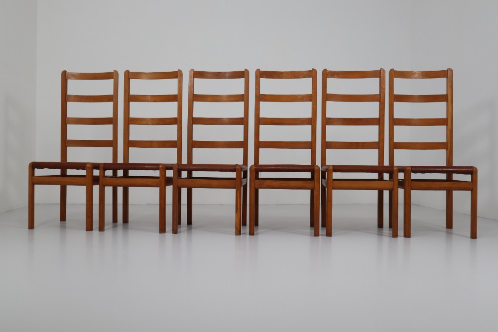 Six Oak High Back Chairs with and Brown Cognac Leather, France, 1930