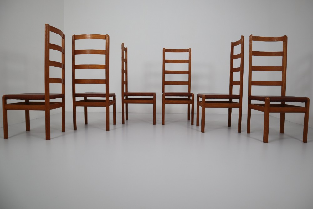Six Oak High Back Chairs with and Brown Cognac Leather, France, 1930