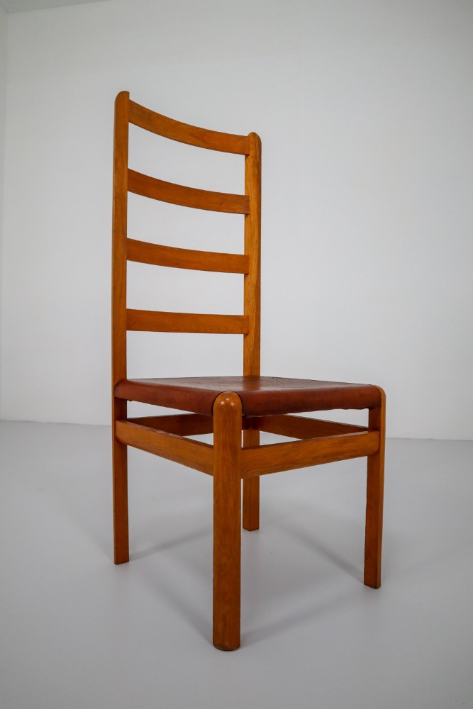 Six Oak High Back Chairs with and Brown Cognac Leather, France, 1930