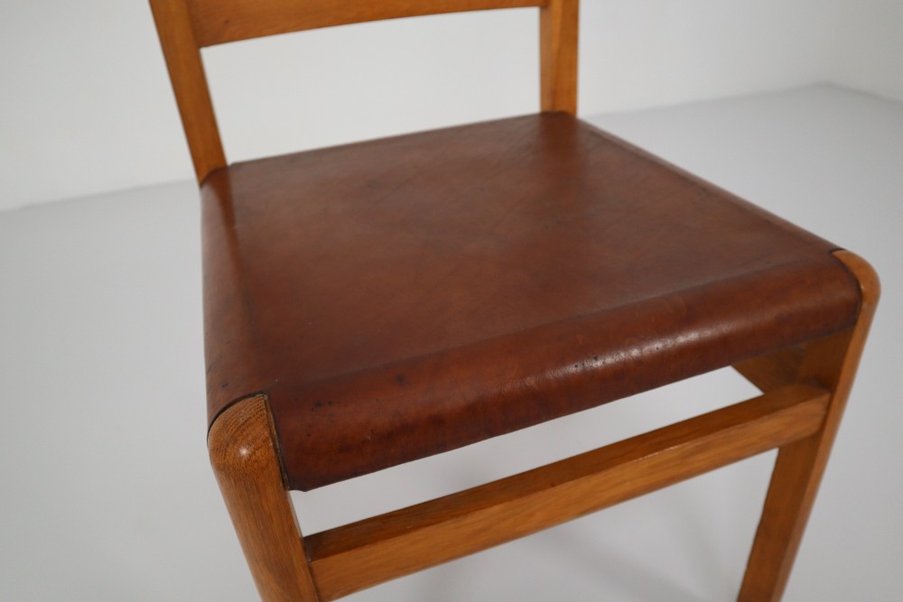 Six Oak High Back Chairs with and Brown Cognac Leather, France, 1930