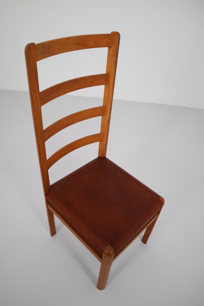 Six Oak High Back Chairs with and Brown Cognac Leather, France, 1930