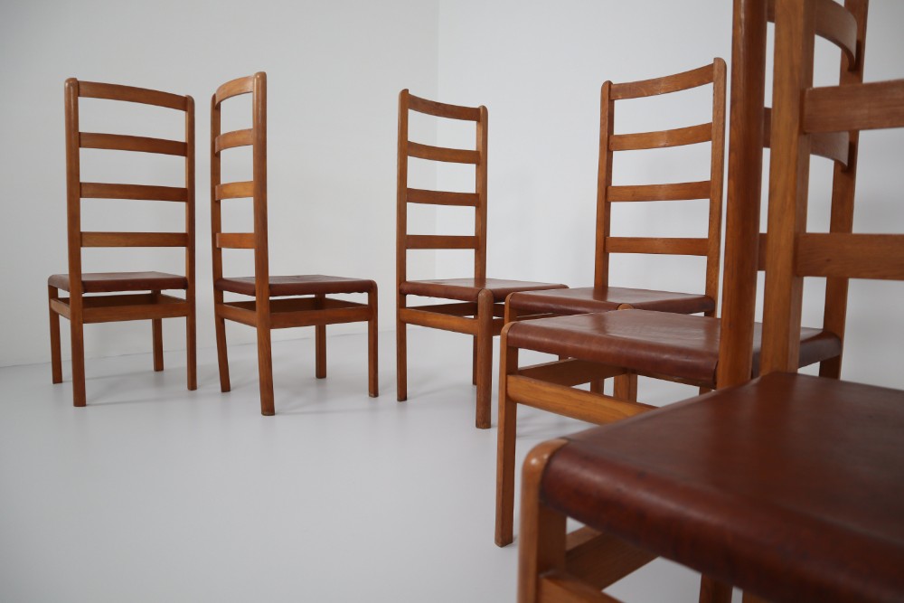 Six Oak High Back Chairs with and Brown Cognac Leather, France, 1930