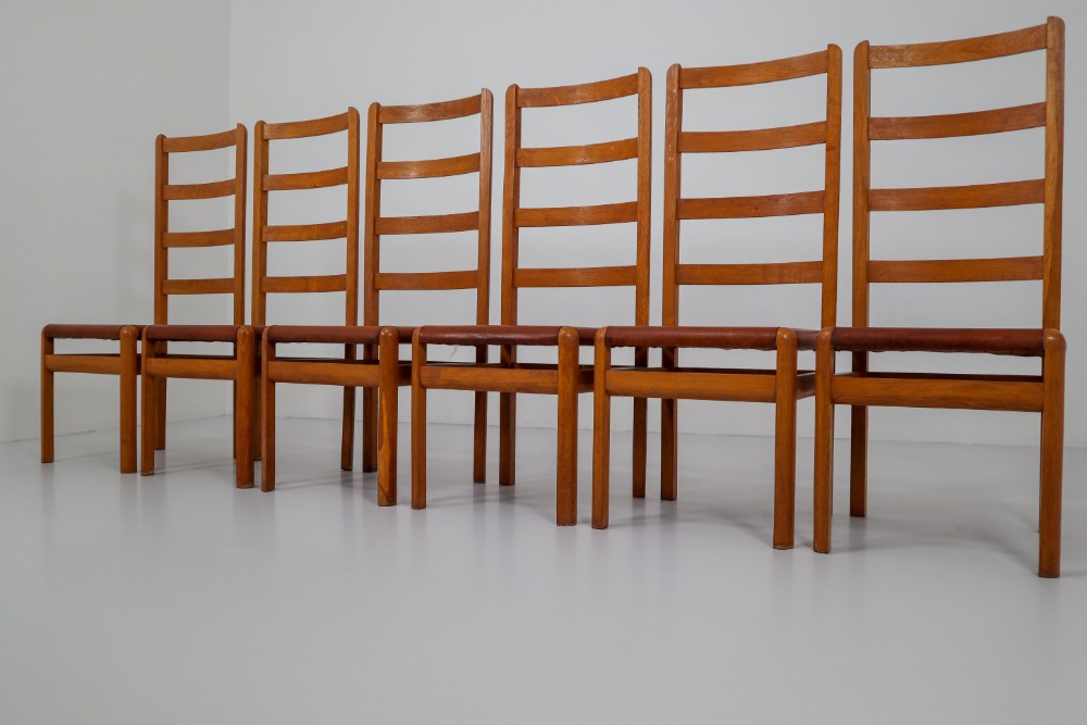 Six Oak High Back Chairs with and Brown Cognac Leather, France, 1930