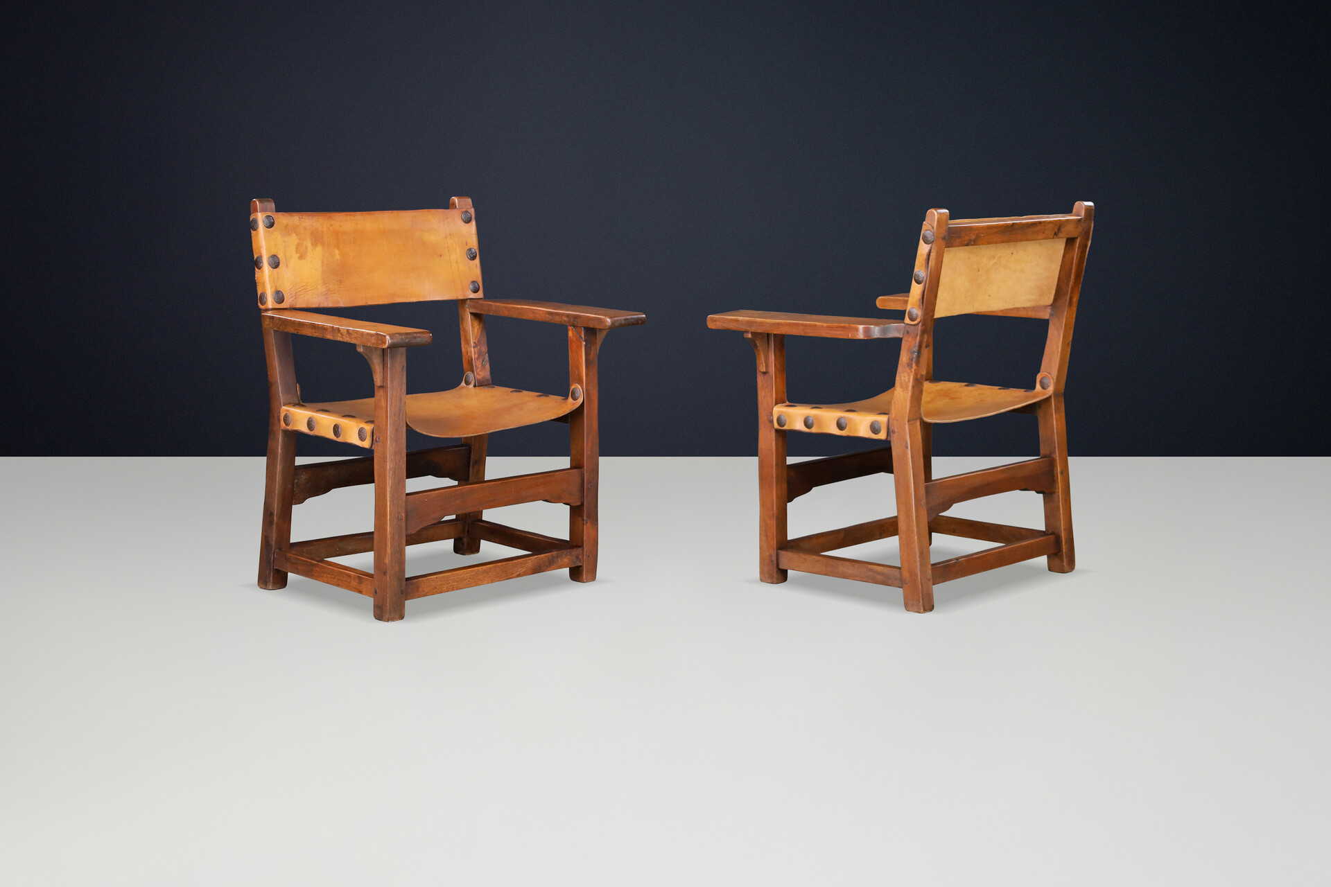 Spanish 1950s Solid Beechwood Armchairs with Patinated Cognac Leather Mid-20th century