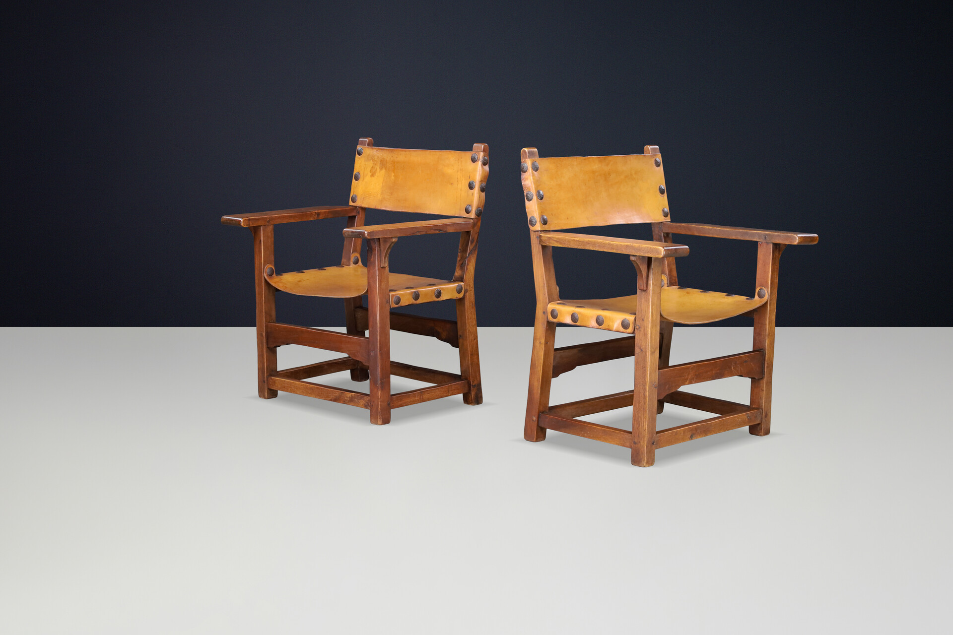 Spanish 1950s Solid Beechwood Armchairs with Patinated Cognac Leather Mid-20th century