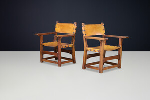 Spanish 1950s Solid Beechwood Armchairs with Patinated Cognac Leather Mid-20th century