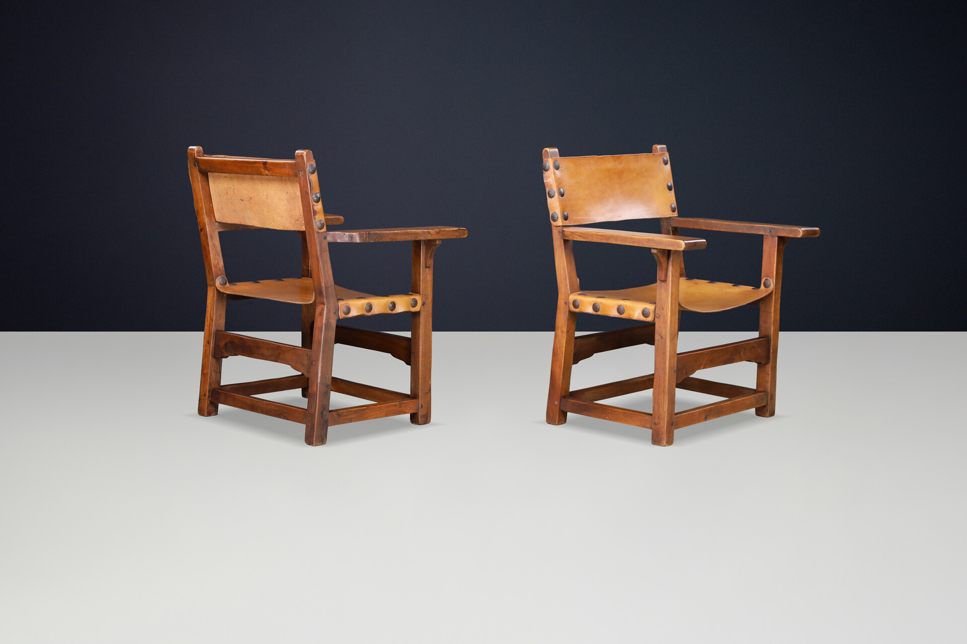 Spanish 1950s Solid Beechwood Armchairs with Patinated Cognac Leather Mid-20th century