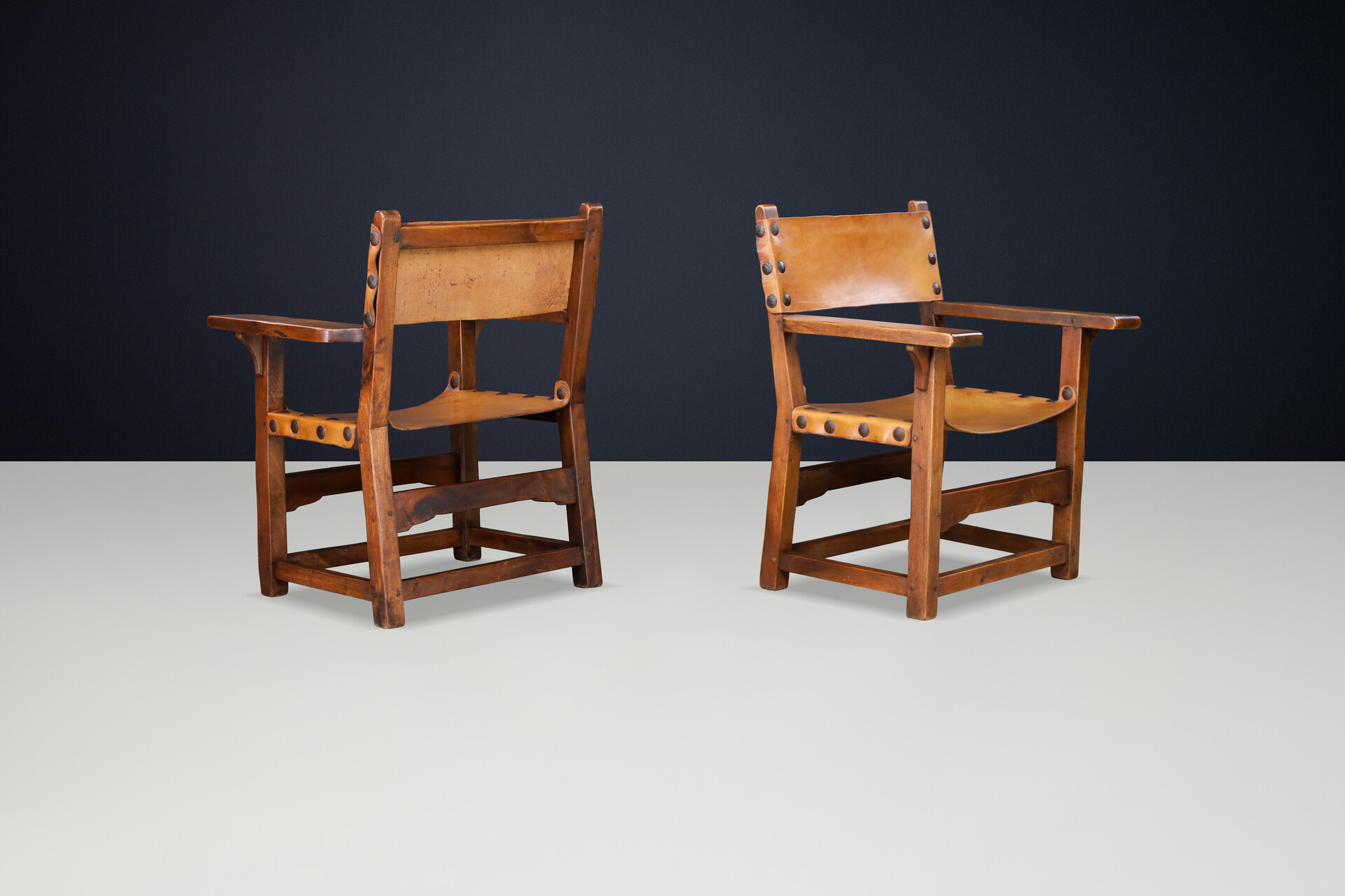 Spanish 1950s Solid Beechwood Armchairs with Patinated Cognac Leather Mid-20th century