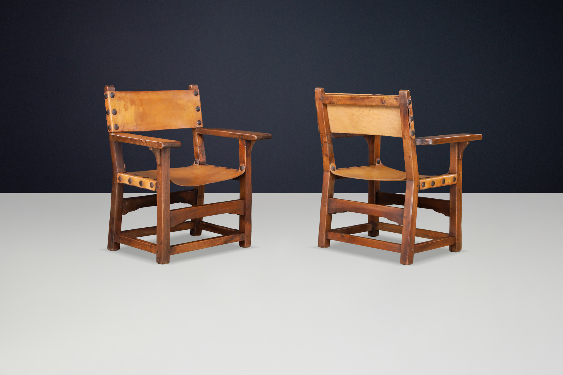 Spanish 1950s Solid Beechwood Armchairs with Patinated Cognac Leather Mid-20th century