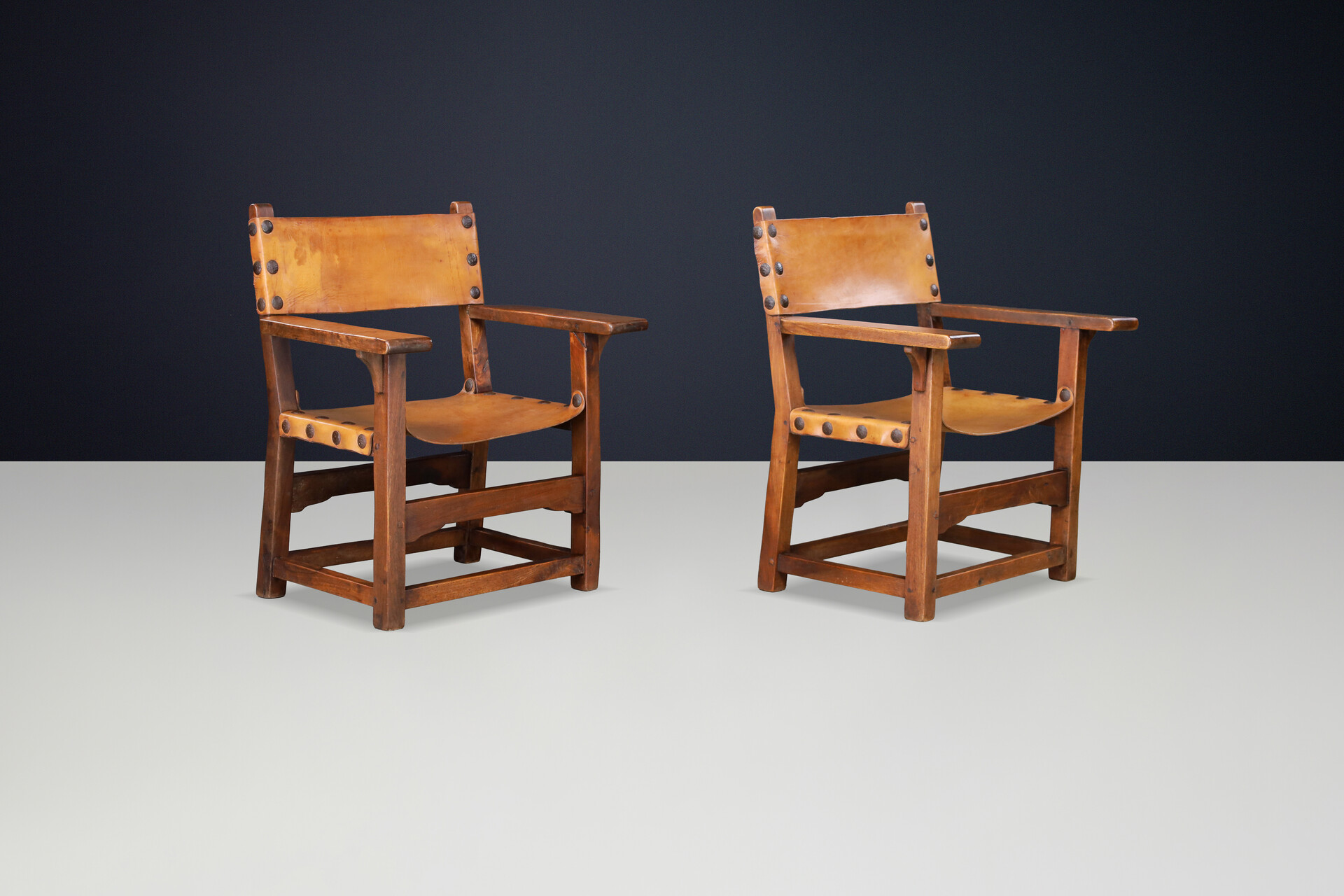 Spanish 1950s Solid Beechwood Armchairs with Patinated Cognac Leather Mid-20th century
