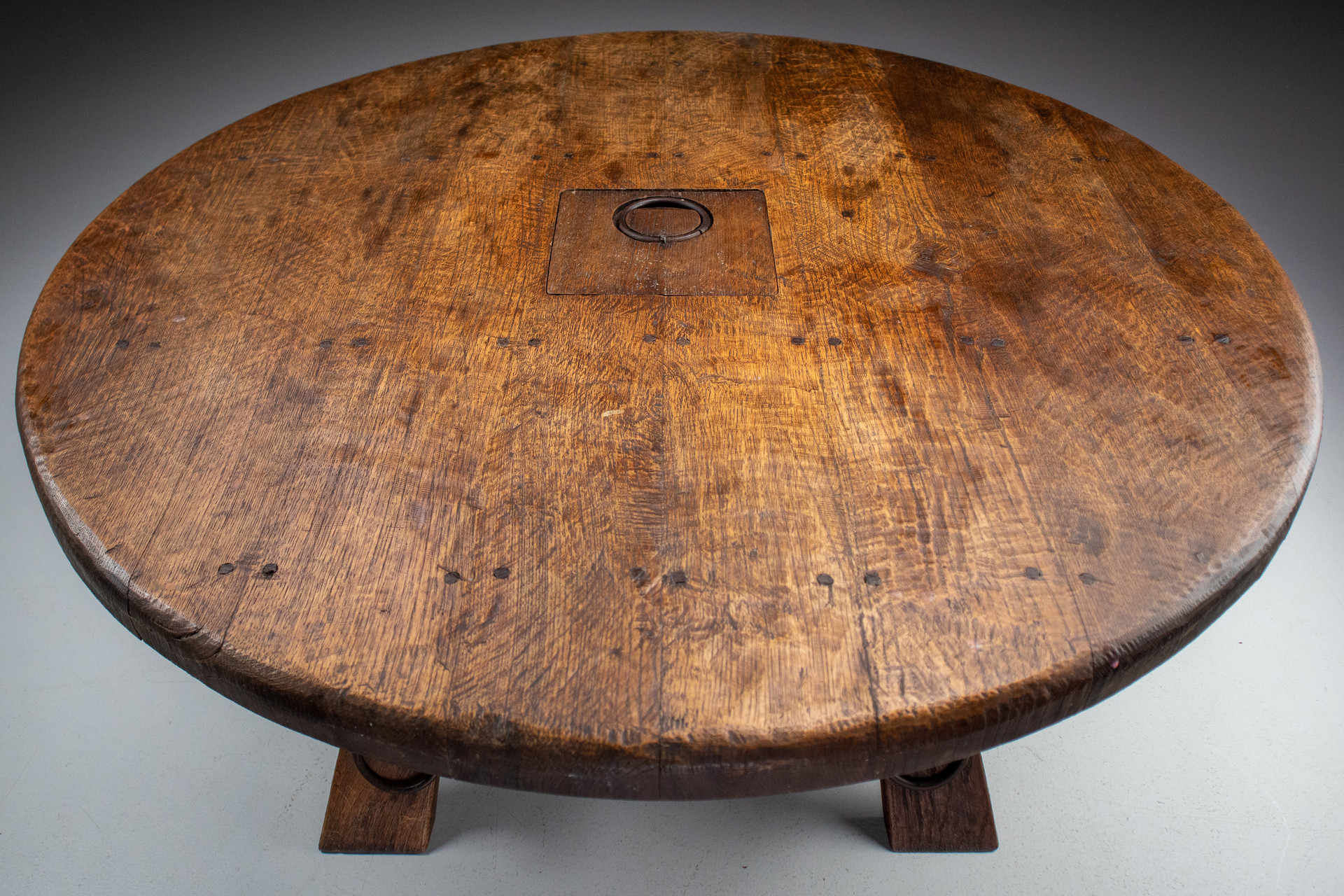 Strong Oak Brutalist round Coffee table France 1950s Mid 20th