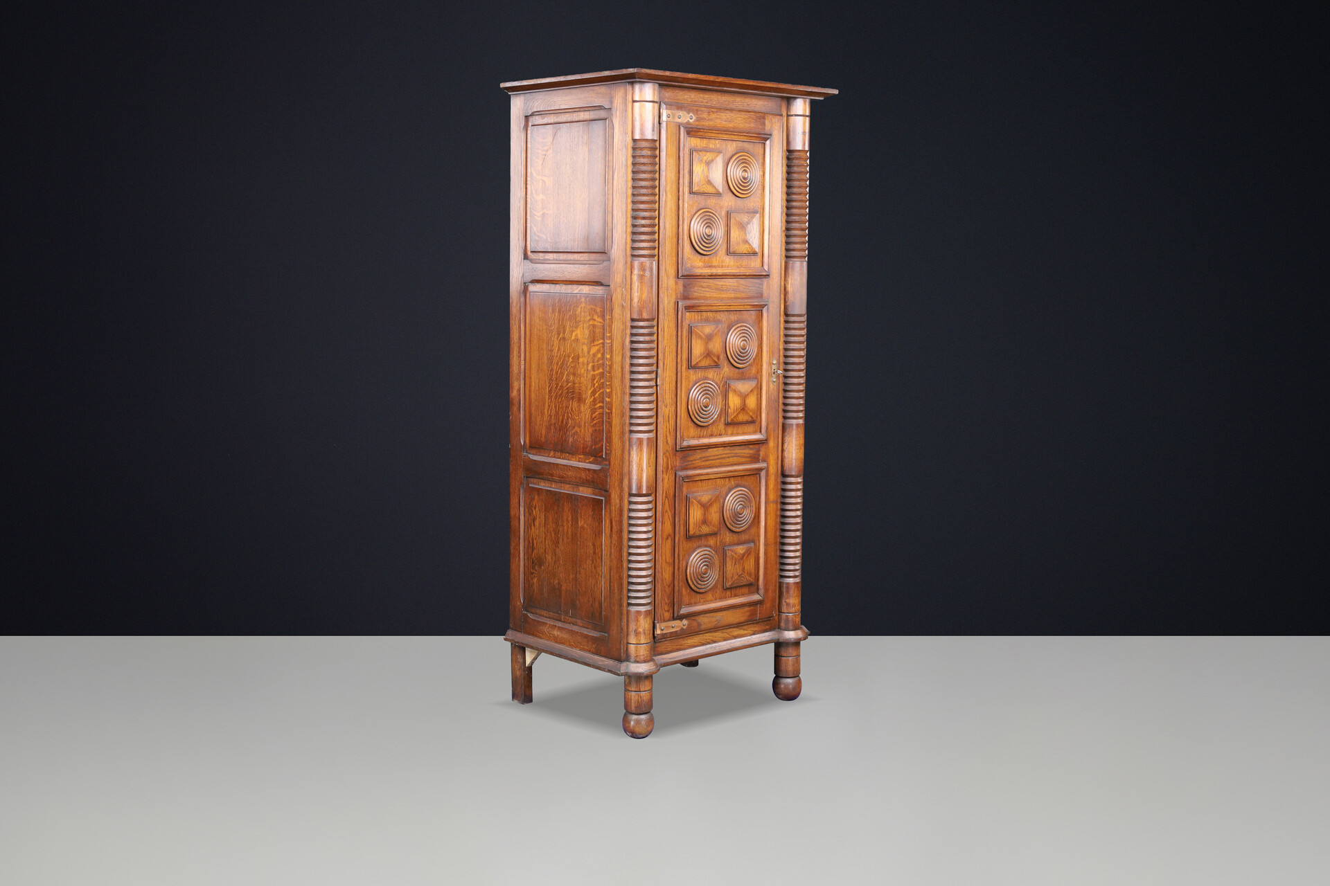 Tall French Solid Oak Cabinet in the Style of Charles Dudouyt, 1940s Mid-20th century