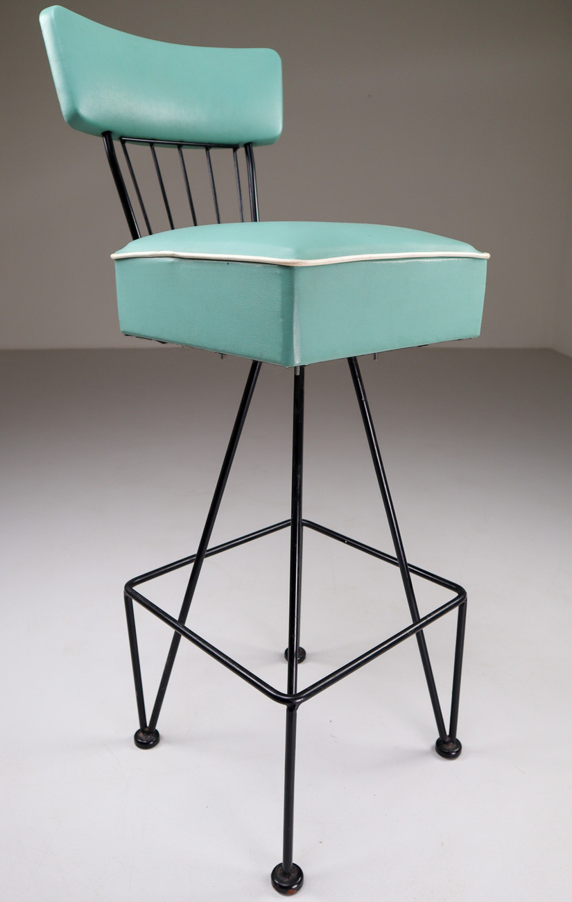 Three Retro Vintage Bar Stool in Tiffany Blue, Belgium Mid-20th century