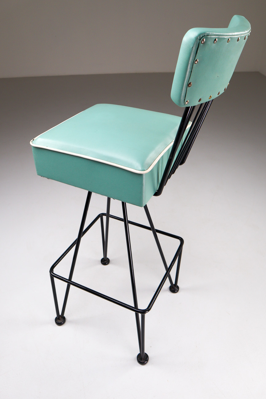 Three Retro Vintage Bar Stool in Tiffany Blue, Belgium Mid-20th century