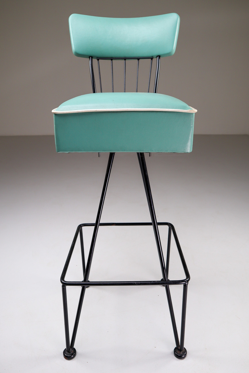 Three Retro Vintage Bar Stool in Tiffany Blue, Belgium Mid-20th century