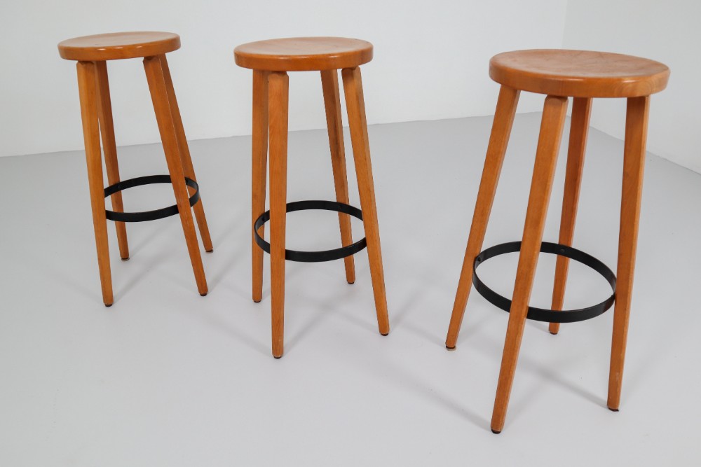 Three Scandinavian Mid-Century Modern Bar Stools in Blond Beech