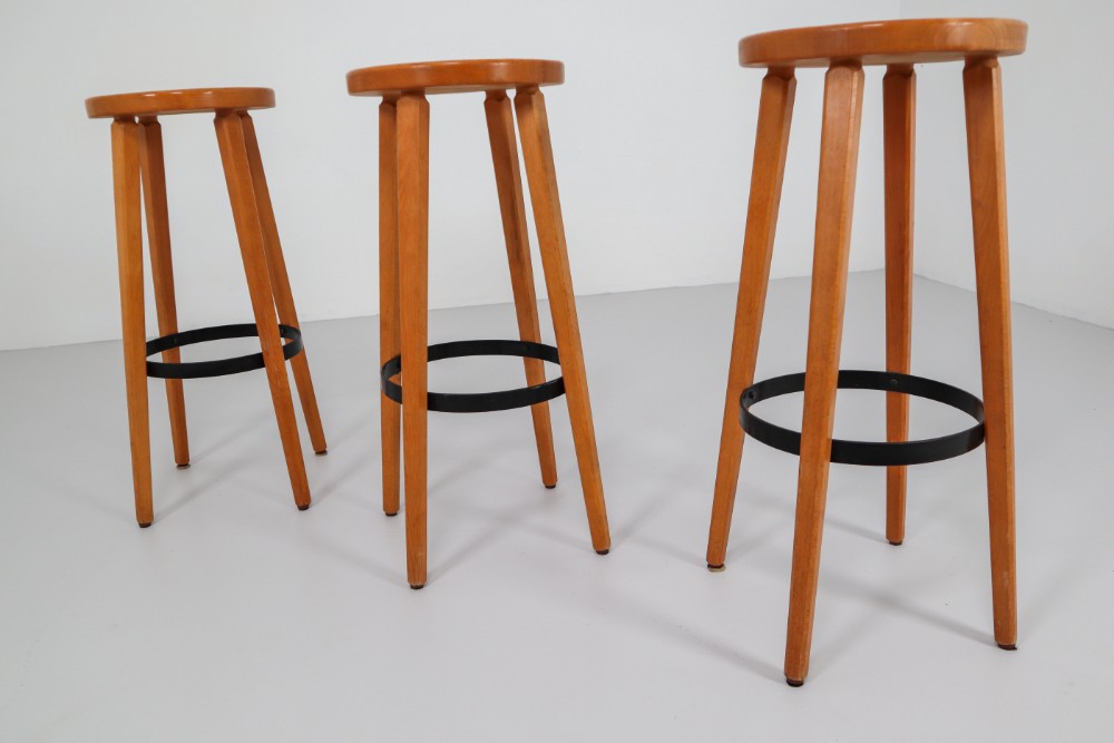 Three Scandinavian Mid-Century Modern Bar Stools in Blond Beech