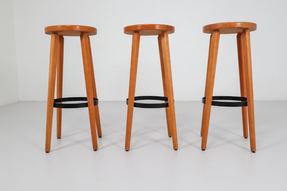 Three Scandinavian Mid-Century Modern Bar Stools in Blond Beech