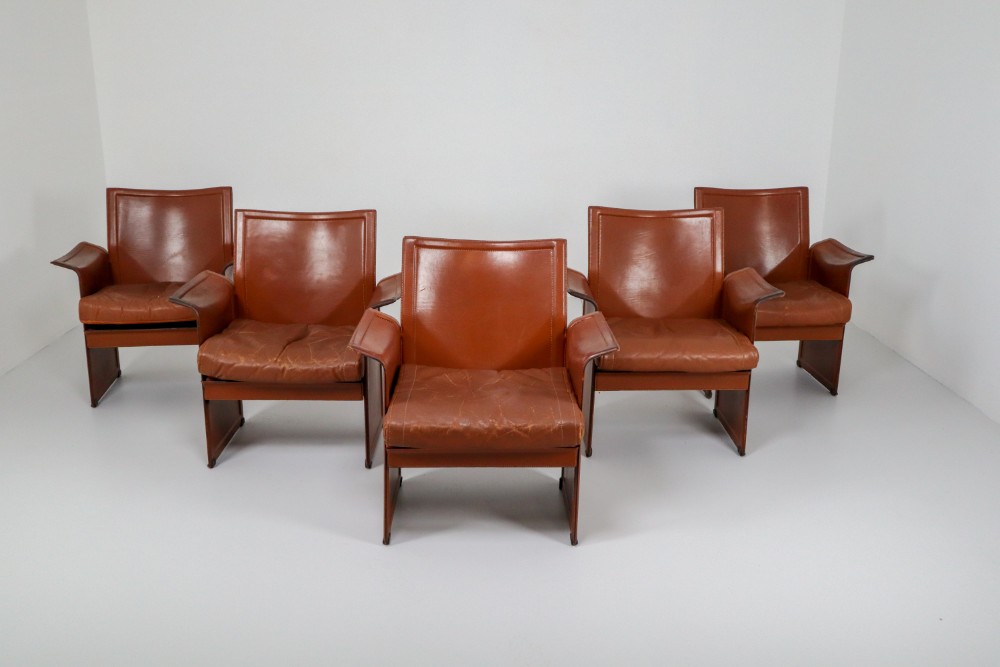 Tito Agnoli Pair of 'Korium' Chairs in Patinated Cognac Leather, Italy, 1970s