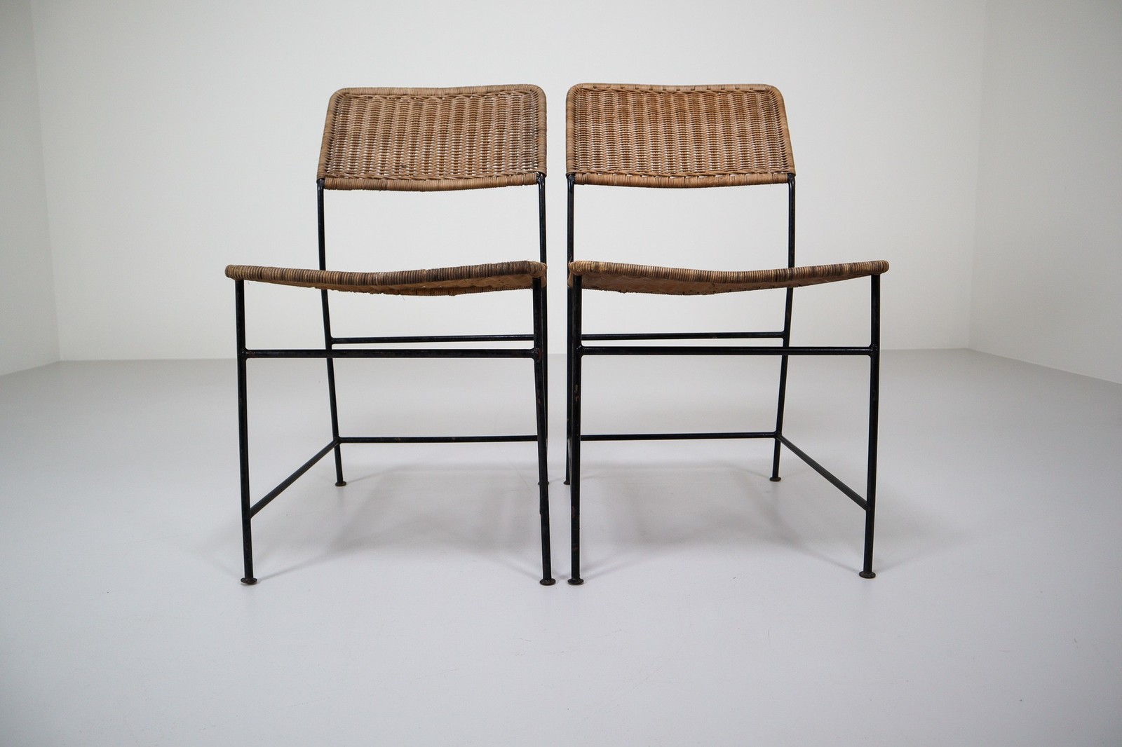 Two Patinated Metal Framed Martin Visser Chairs with Woven Wicker Seat, 1950s